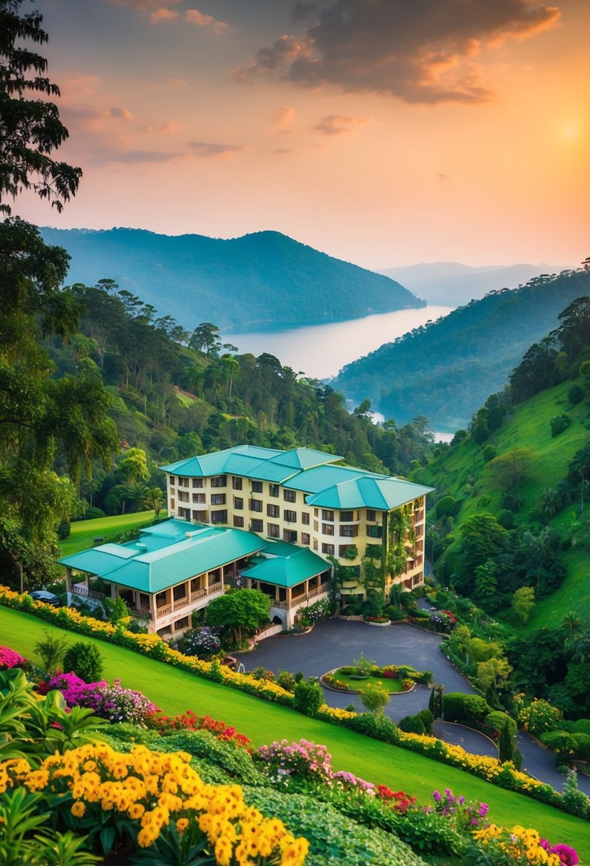 A picturesque resort nestled in the lush green hills of Ooty, surrounded by colorful flowers and towering trees, with a serene lake in the distance