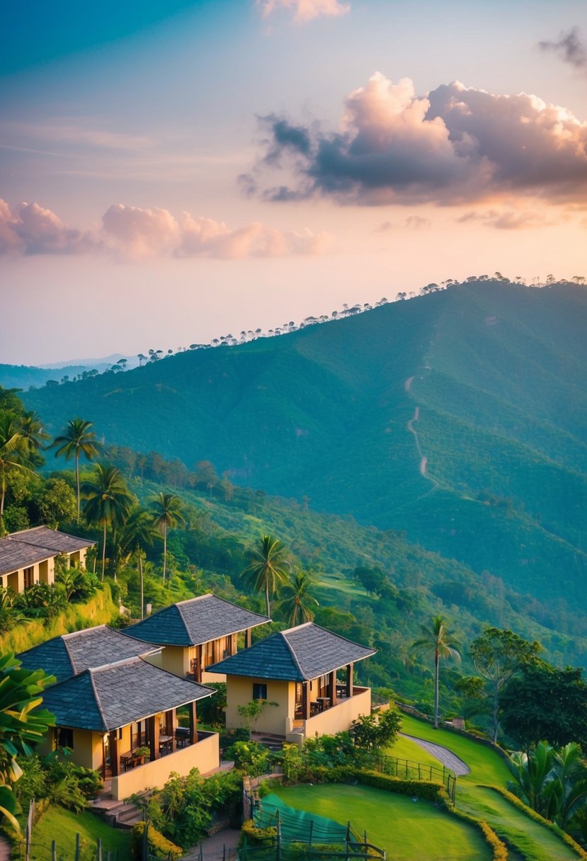 A serene hillside resort with lush greenery, cozy cottages, and a breathtaking view of the Ooty landscape