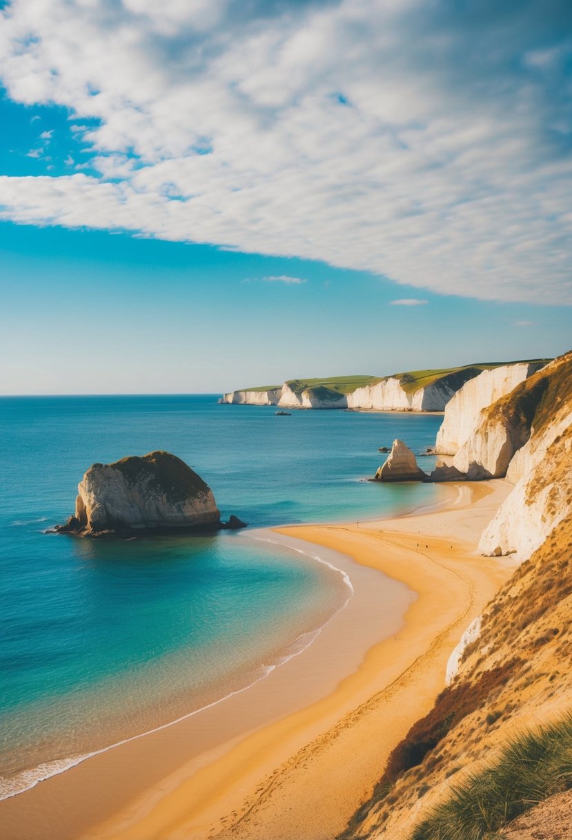 Golden sand, clear blue water, and rocky cliffs create a picturesque scene at one of England's best beaches. The sun shines overhead, casting a warm glow on the tranquil seaside setting