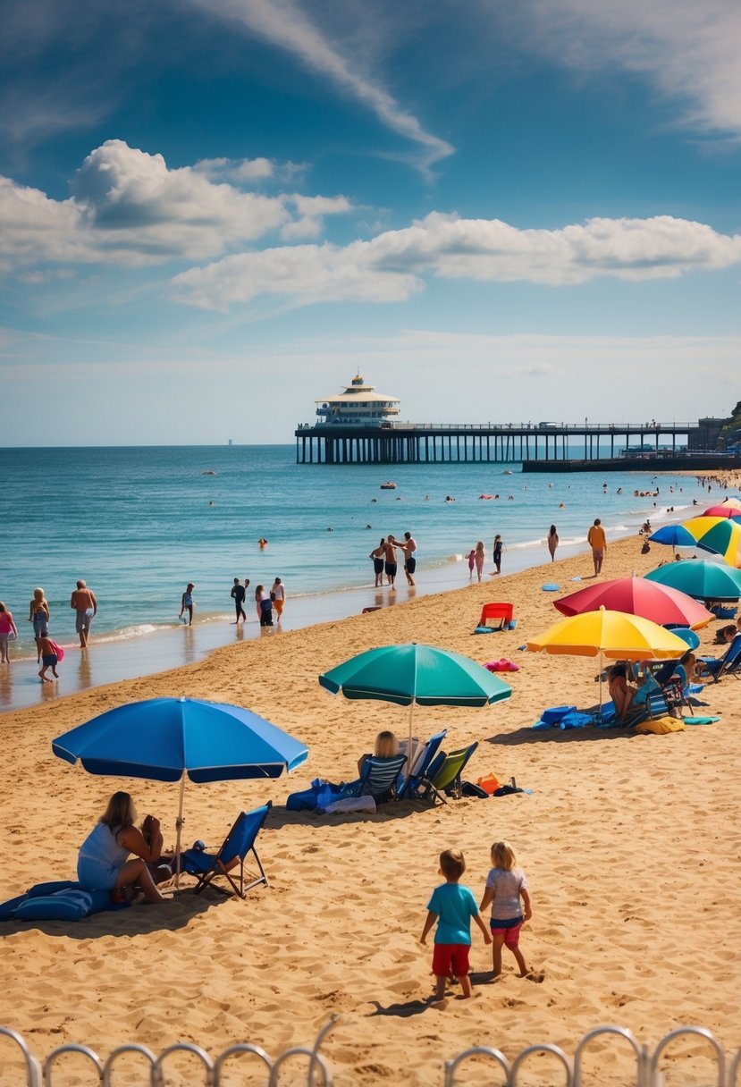 Golden sand, clear blue water, colorful beach umbrellas, families playing, and a distant pier at Bournemouth Beach