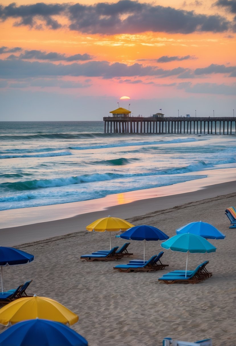 The sun sets over the sandy shore of Brighton Beach, with colorful beach umbrellas dotting the coastline and waves crashing against the pier