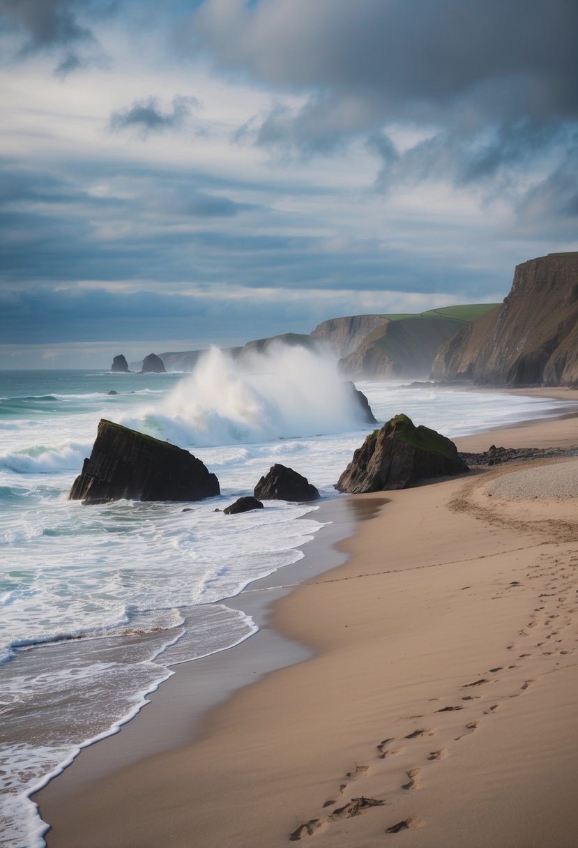 Sandy shore with crashing waves, rock formations, and distant cliffs under a cloudy sky at Fistral Beach