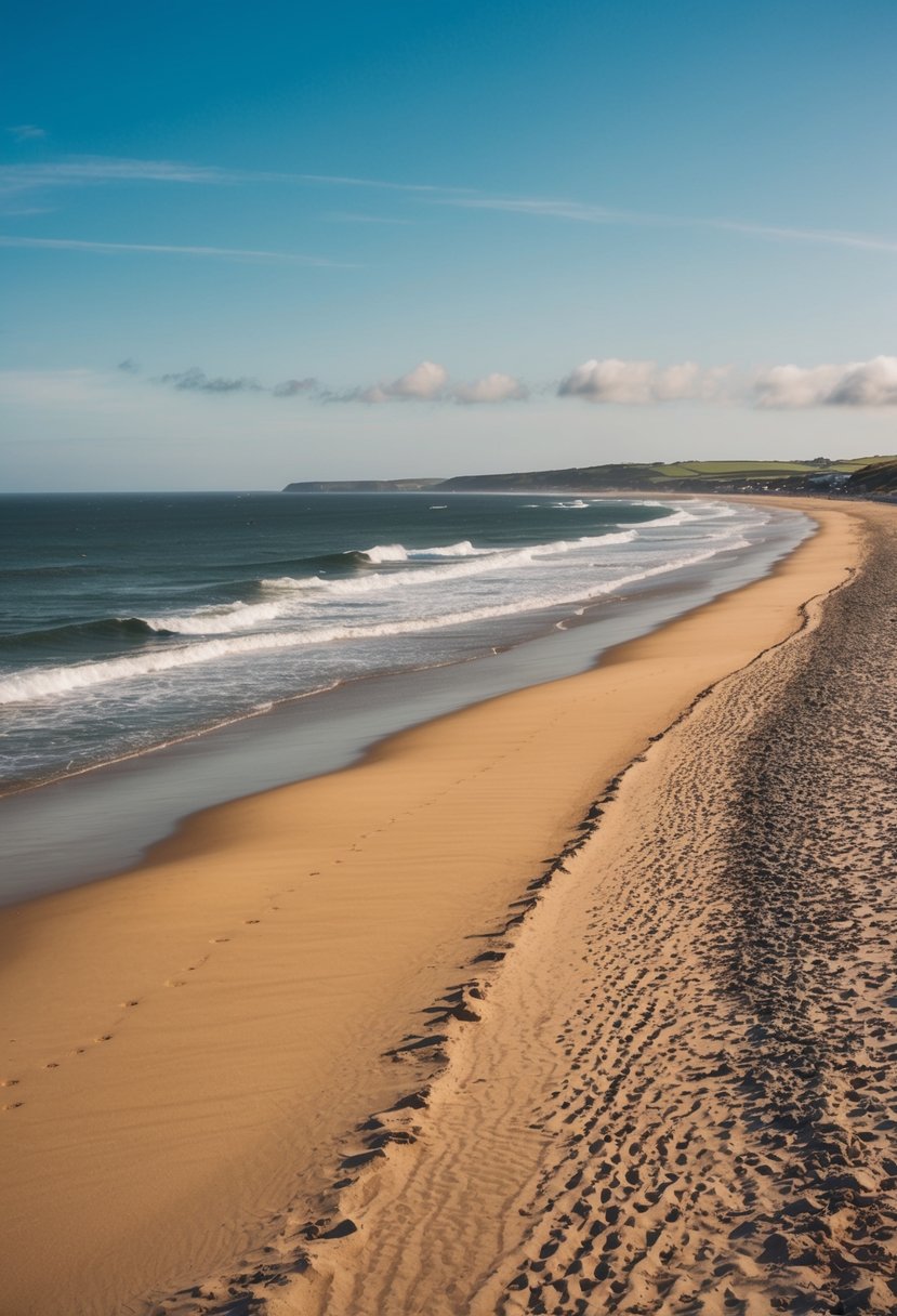 Golden sand stretches along Woolacombe Beach, with rolling waves and a clear blue sky above