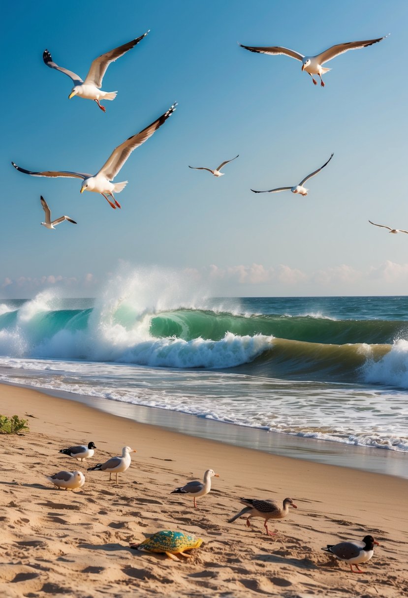 A sandy beach with crashing waves, seagulls flying overhead, and colorful coastal wildlife roaming the shoreline