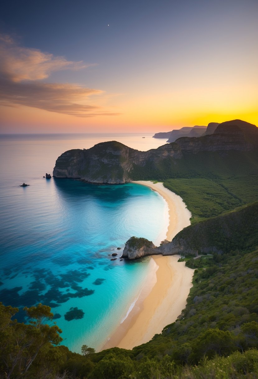 Sunset over pristine coastline with crystal-clear waters, lush greenery, and golden sand. Secluded coves and towering cliffs create a picturesque backdrop