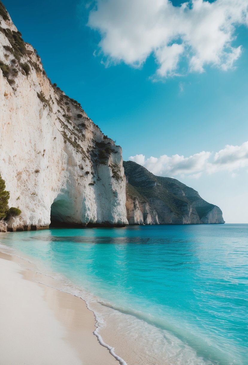 Turquoise water, white sand, and towering limestone cliffs at Navagio Beach, Zakynthos