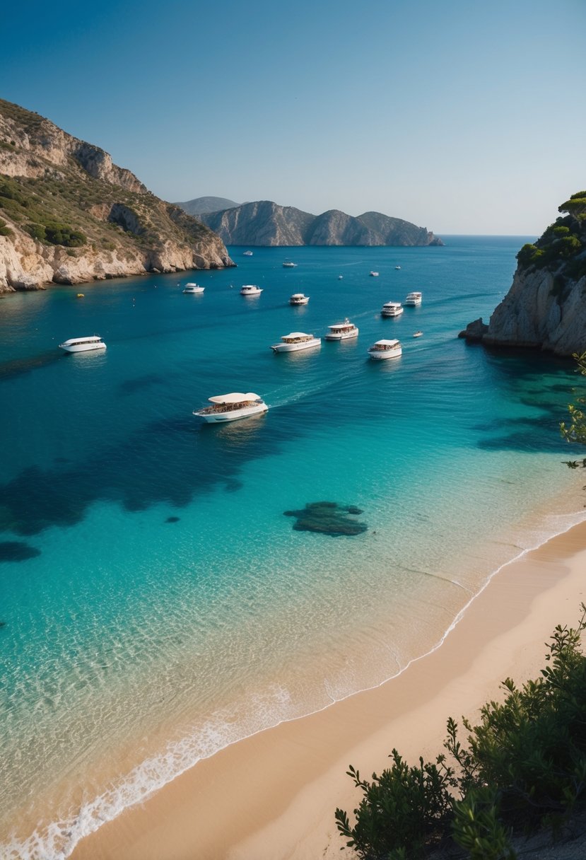 Crystal clear waters lap at sandy shores, framed by rugged cliffs and lush greenery. Boats dot the horizon, offering transportation to the 5 best beaches in the Greek islands