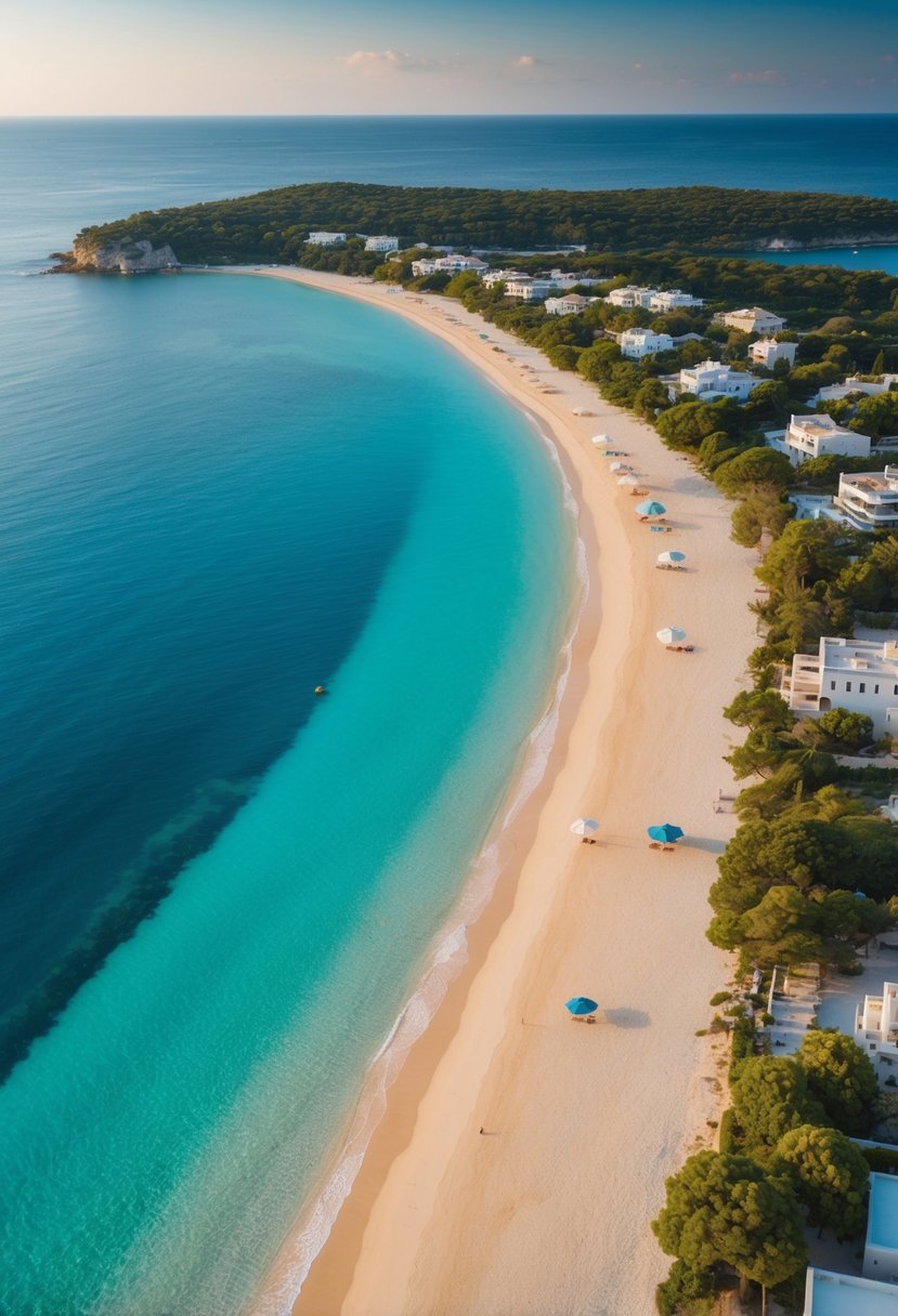 Aerial view of Halkidiki's 5 best beaches with crystal-clear turquoise waters, golden sandy shores, and lush greenery along the coastline