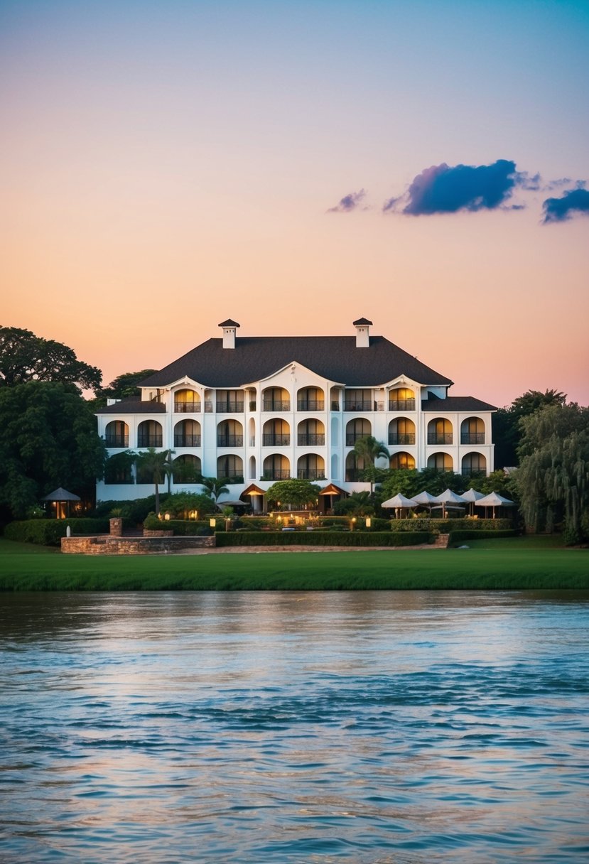 A luxurious resort on the banks of the Zambezi River with elegant architecture and lush gardens