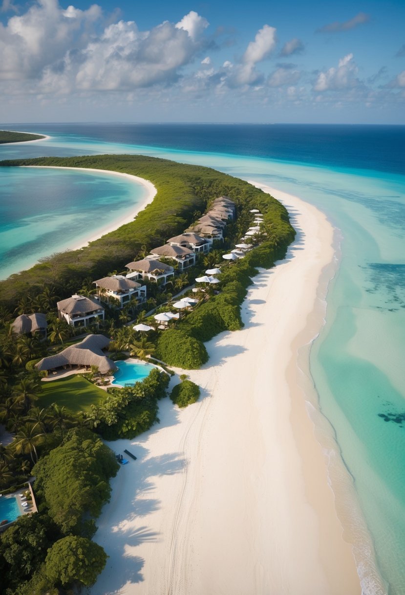 Aerial view of Benguerra Island, Mozambique with pristine beaches, lush greenery, and luxury resorts nestled along the coastline