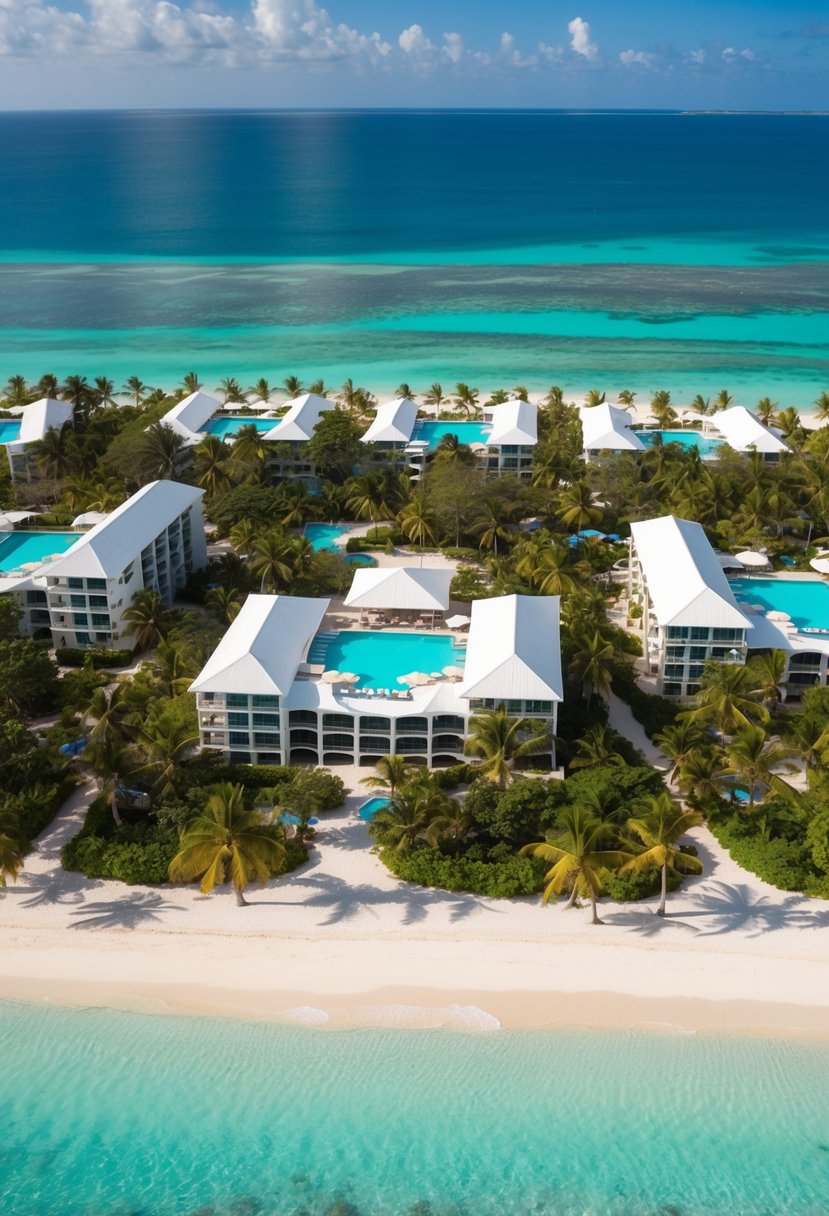 Aerial view of 5 luxurious resorts nestled among palm trees on the pristine beaches of Belize. Clear turquoise waters and vibrant coral reefs surround the idyllic accommodations