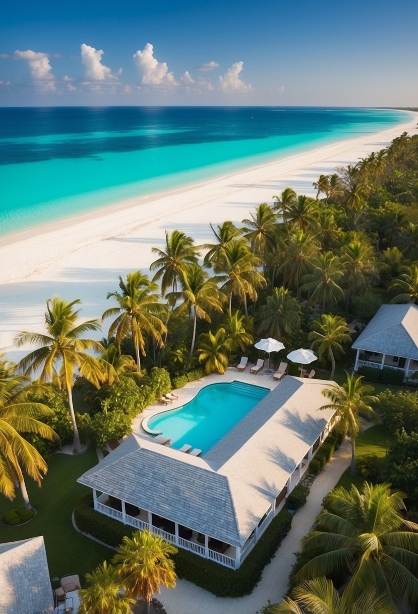 Aerial view of Turtle Inn, nestled among lush palm trees and white sandy beaches, with crystal-clear turquoise waters stretching out to the horizon