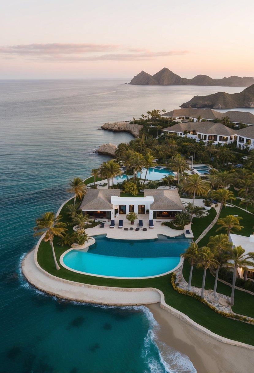 Aerial view of The Cape, a luxurious resort in Cabo, with infinity pools, palm trees, and oceanfront villas