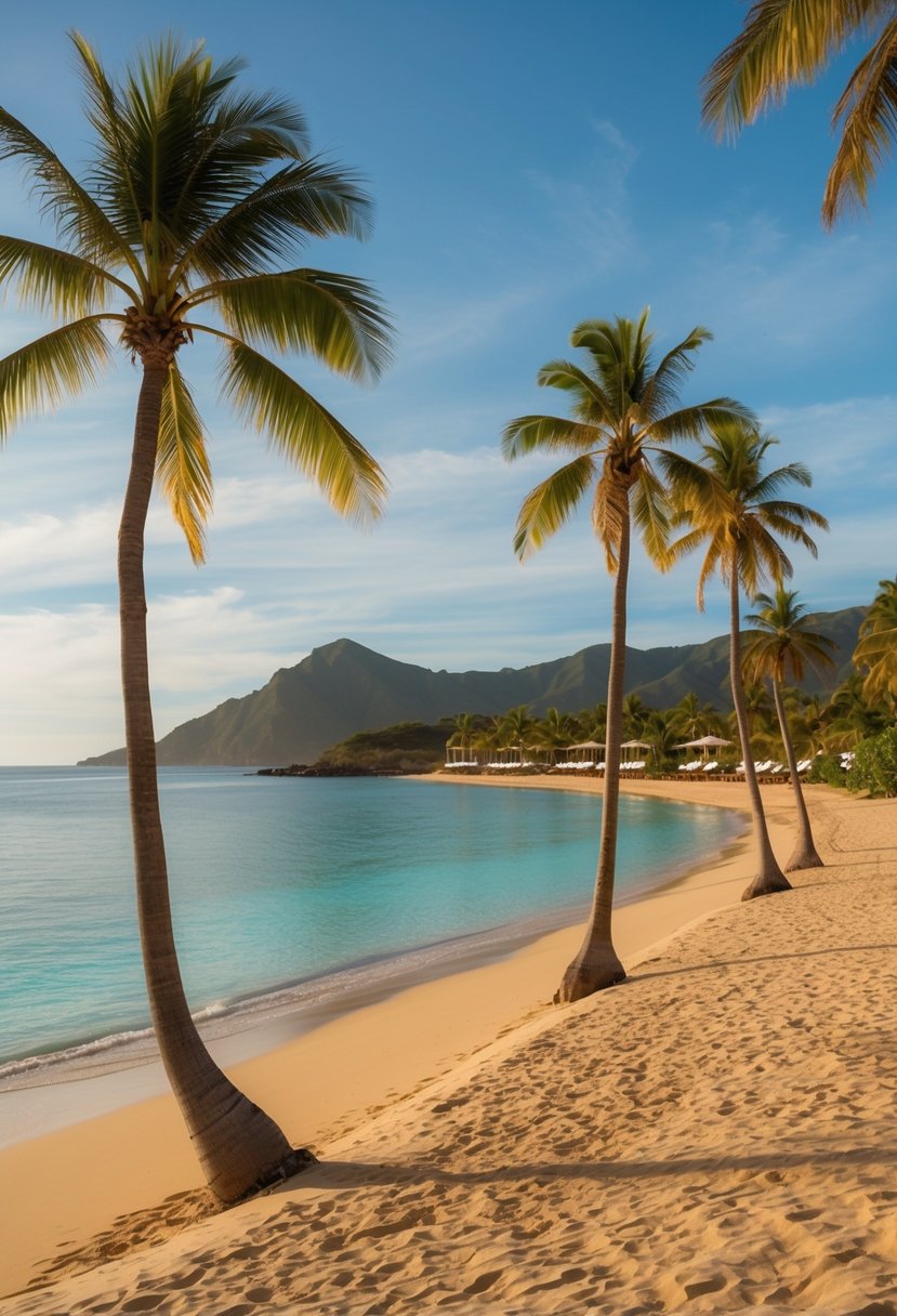 A luxurious resort nestled along the golden sands of Chileno Bay, with palm trees swaying in the gentle ocean breeze and crystal-clear waters stretching out to the horizon