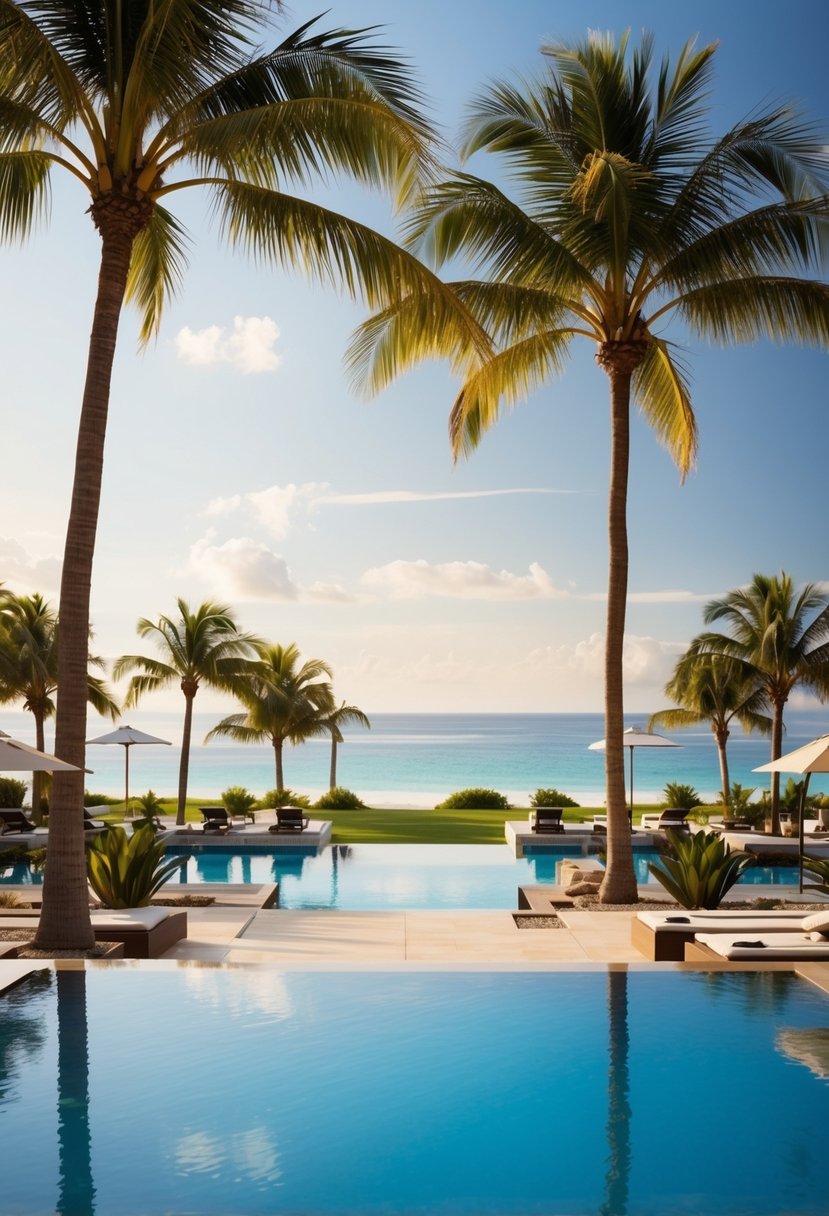 A luxurious beachfront resort with palm trees, infinity pools, and ocean views