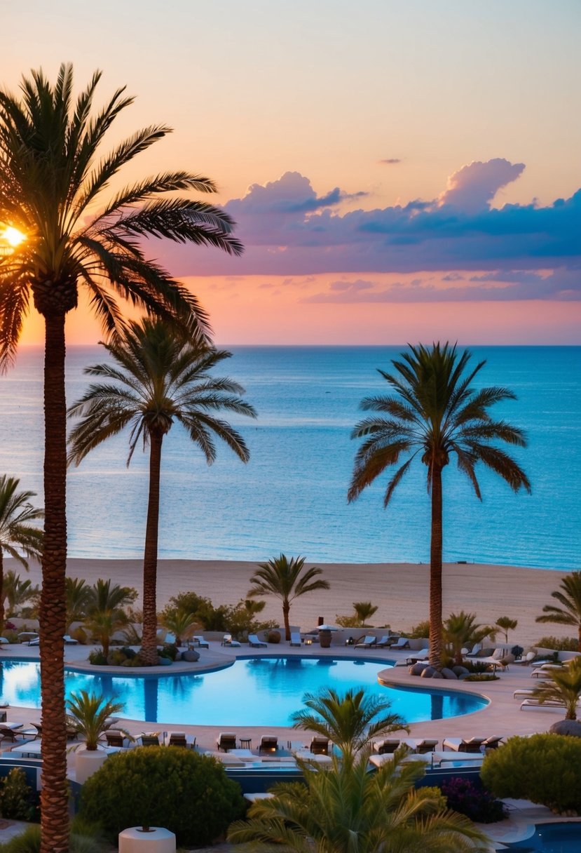 A luxurious resort nestled between the desert and the sea, with palm trees swaying in the gentle ocean breeze and the sun setting over the horizon