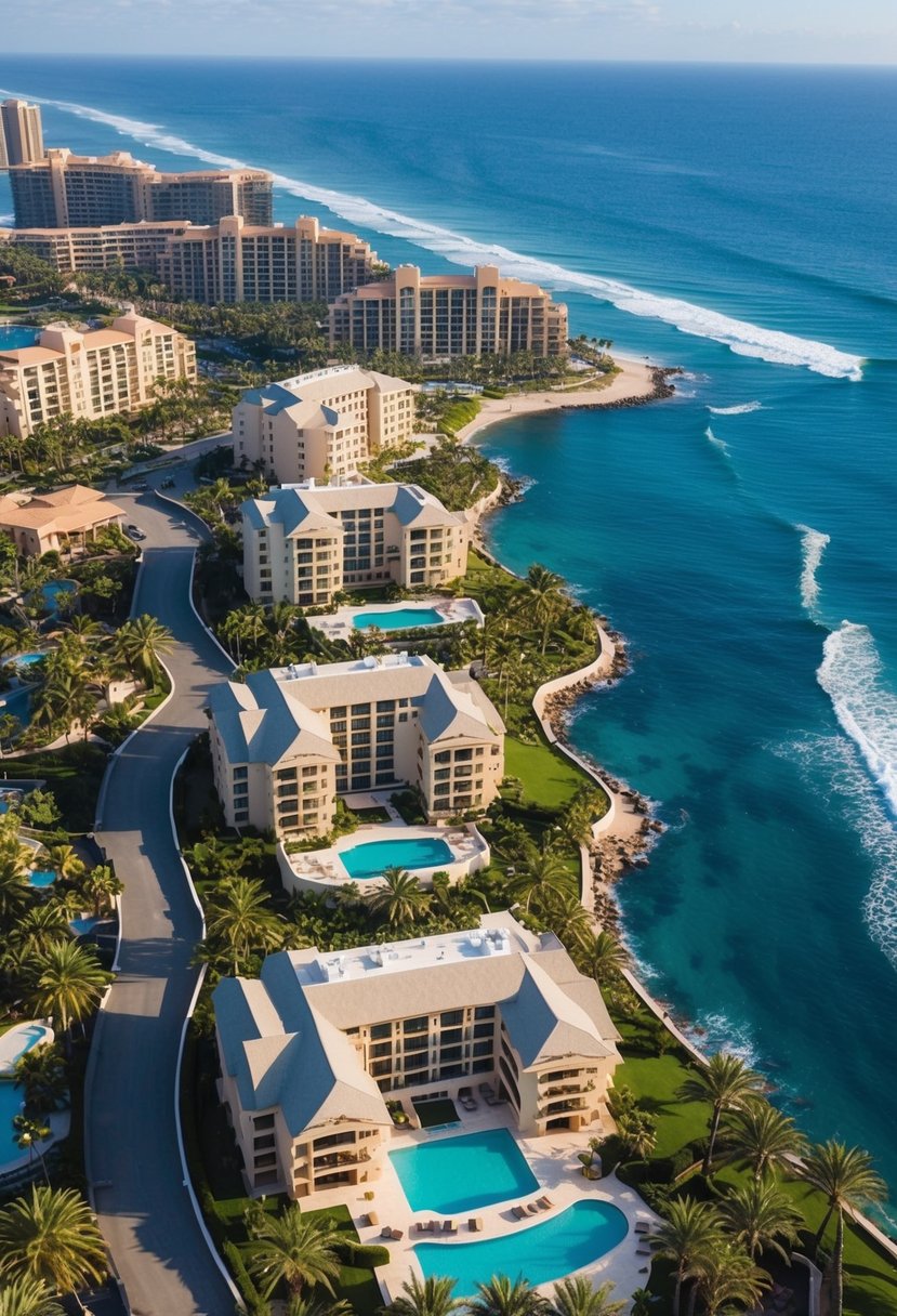 Aerial view of 5 luxury resorts in Cabo, each with unique architecture and surrounded by palm trees and sparkling blue ocean