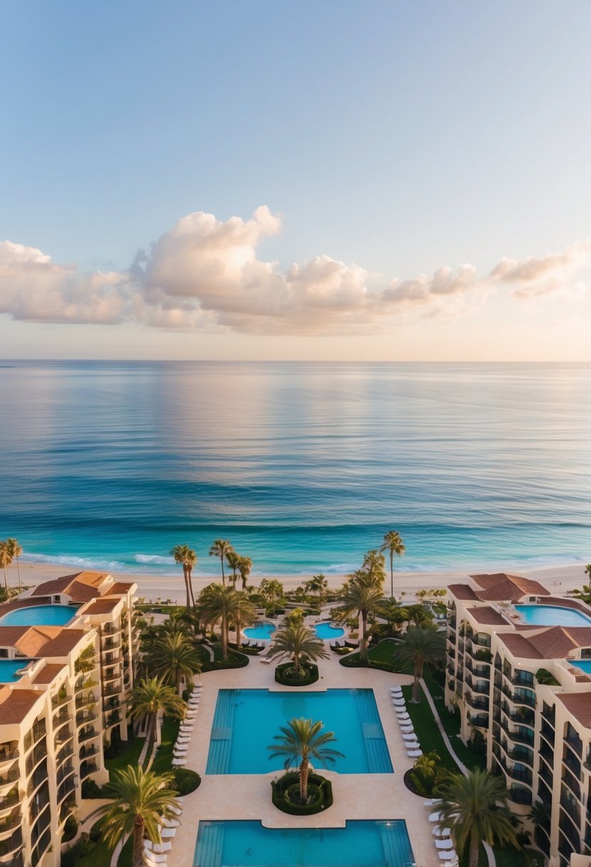 Aerial view of 5 luxurious beachfront resorts in Cabo, with palm trees, pools, and ocean views