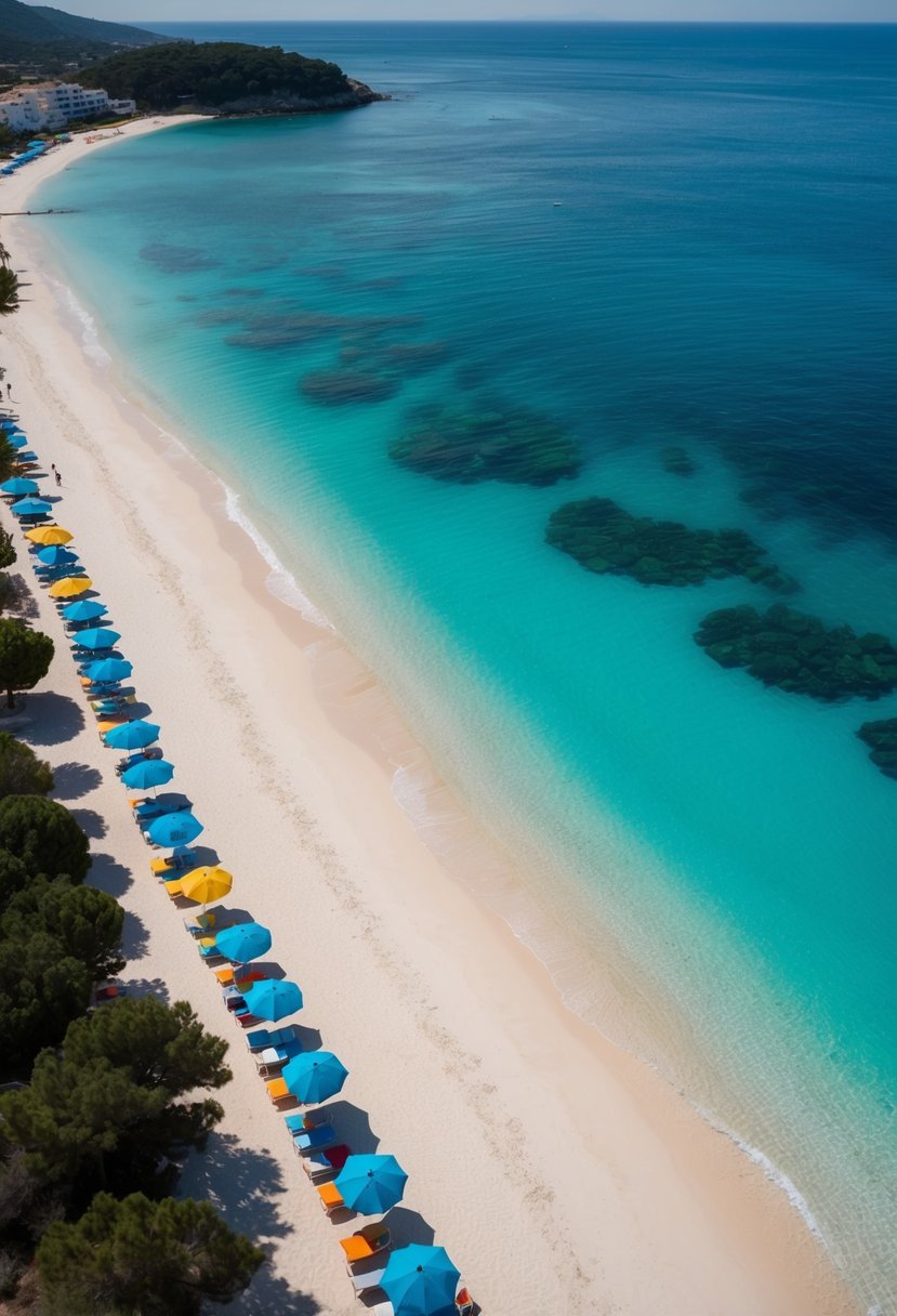 Aerial view of Playa d'en Bossa with turquoise waters, white sandy beaches, and colorful umbrellas