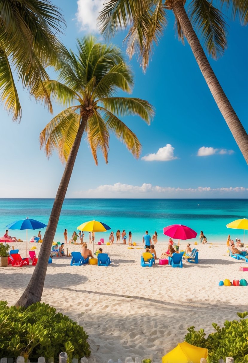 A vibrant beach scene with crystal-clear water, palm trees, colorful umbrellas, and people enjoying various activities like swimming, sunbathing, and playing beach games