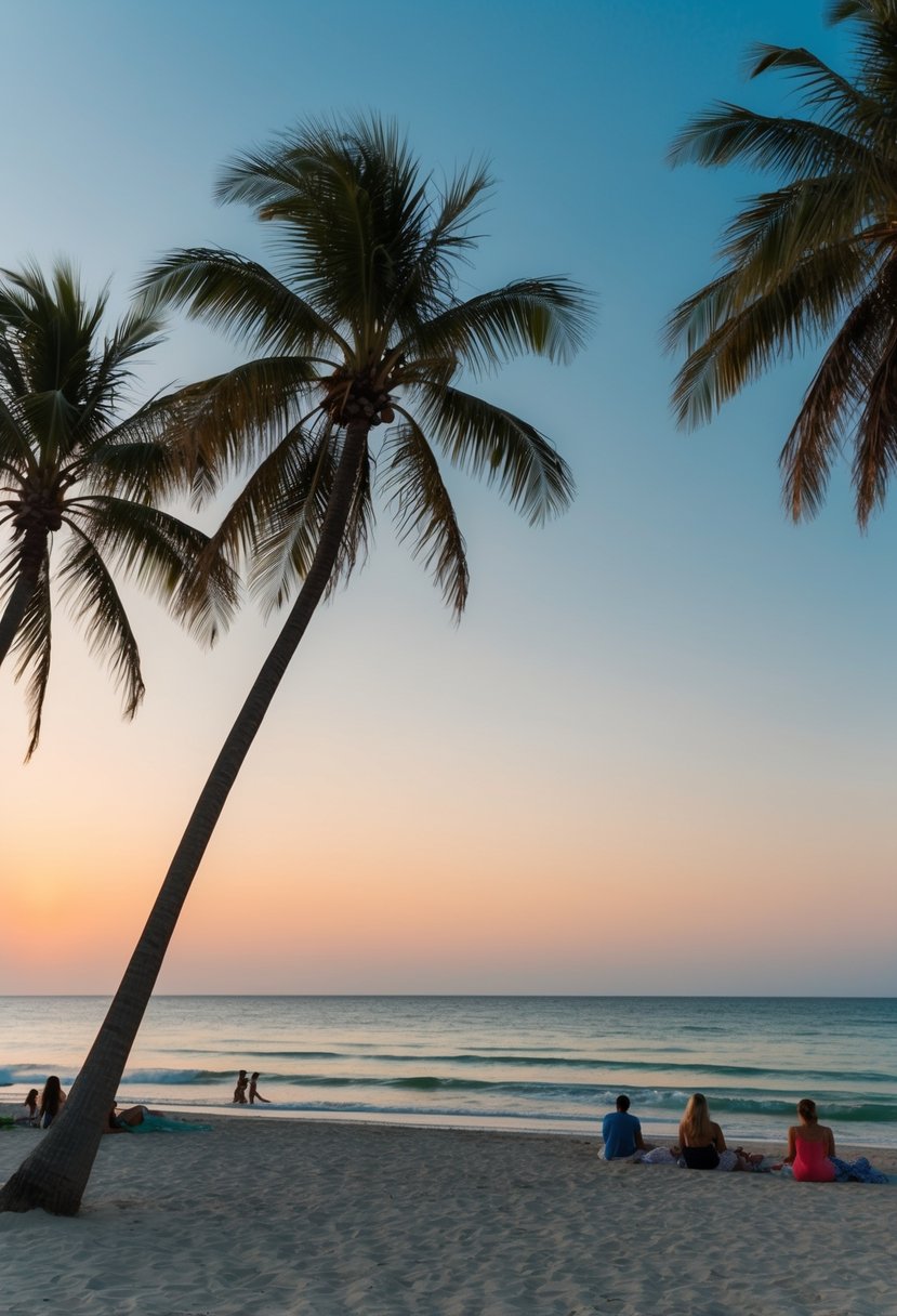 Sunset over a calm, sandy beach with palm trees and clear blue water. Gentle waves roll in, and a few people relax on the shore