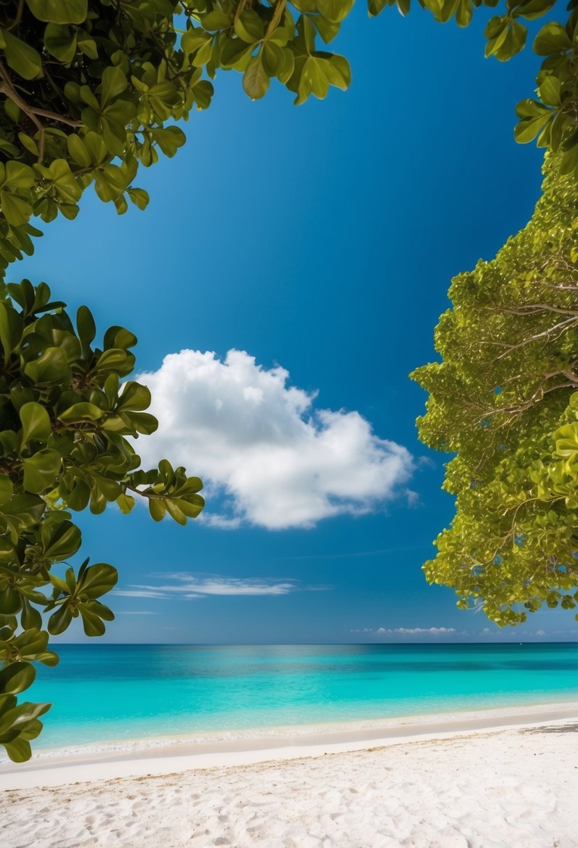 A pristine shoreline at Grace Bay Beach, with crystal-clear turquoise waters and powdery white sand, framed by lush greenery and a clear blue sky