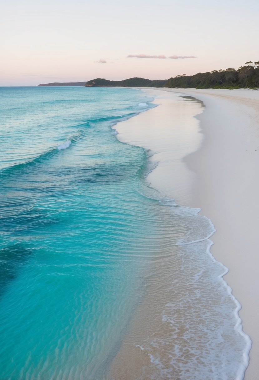 Crystal clear waters meet pristine white sand at Whitehaven Beach, Australia. Gentle waves lap the shore under a cloudless sky