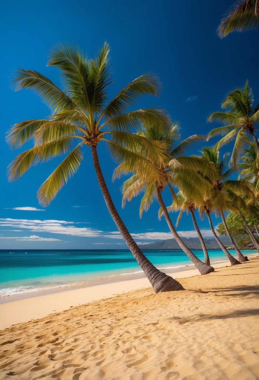 Palm trees sway on golden sand, meeting turquoise waters under a clear blue sky at Lanikai Beach, Hawaii