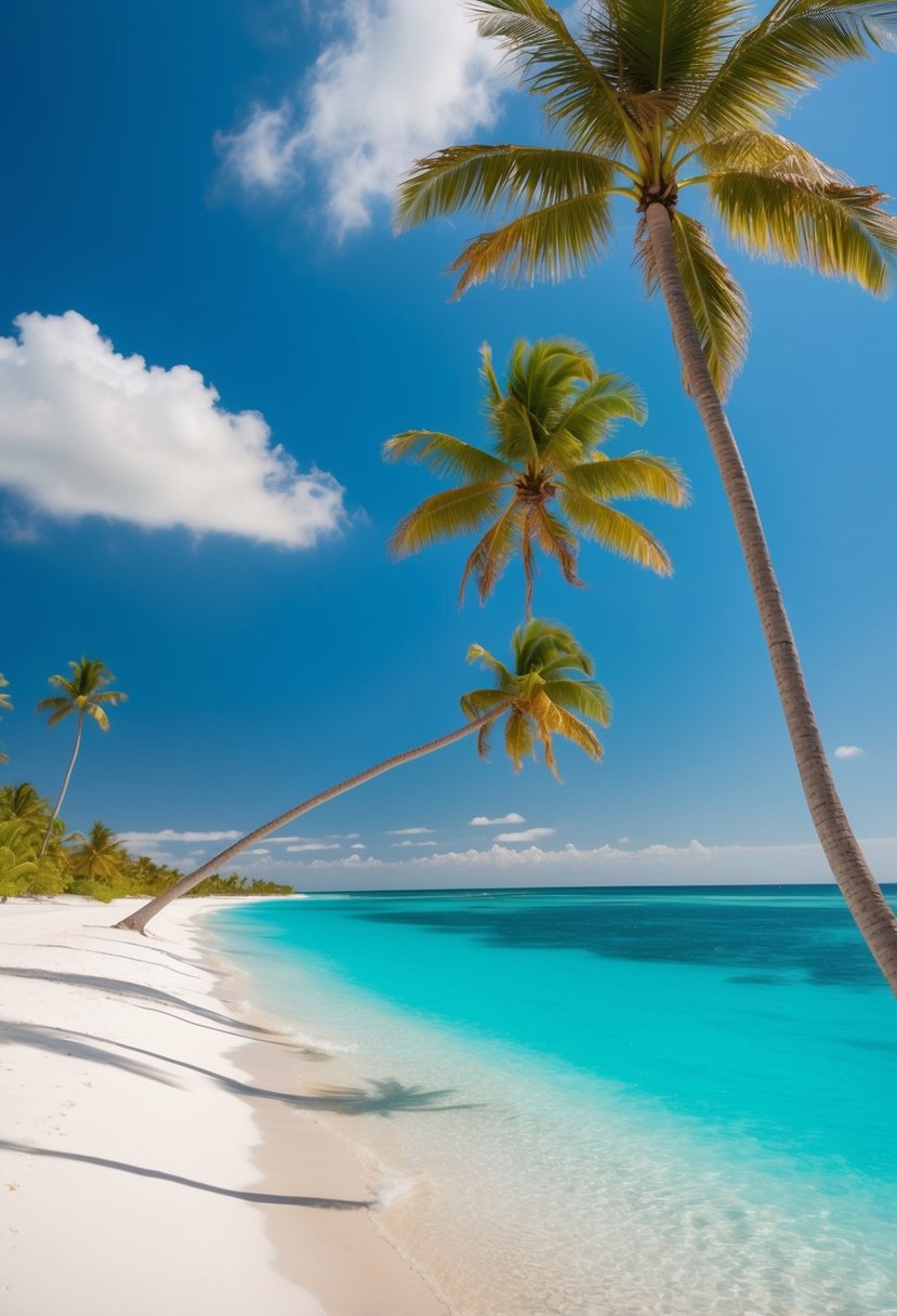 A pristine stretch of white sand meets crystal clear turquoise water at Seven Mile Beach, with palm trees swaying in the gentle breeze