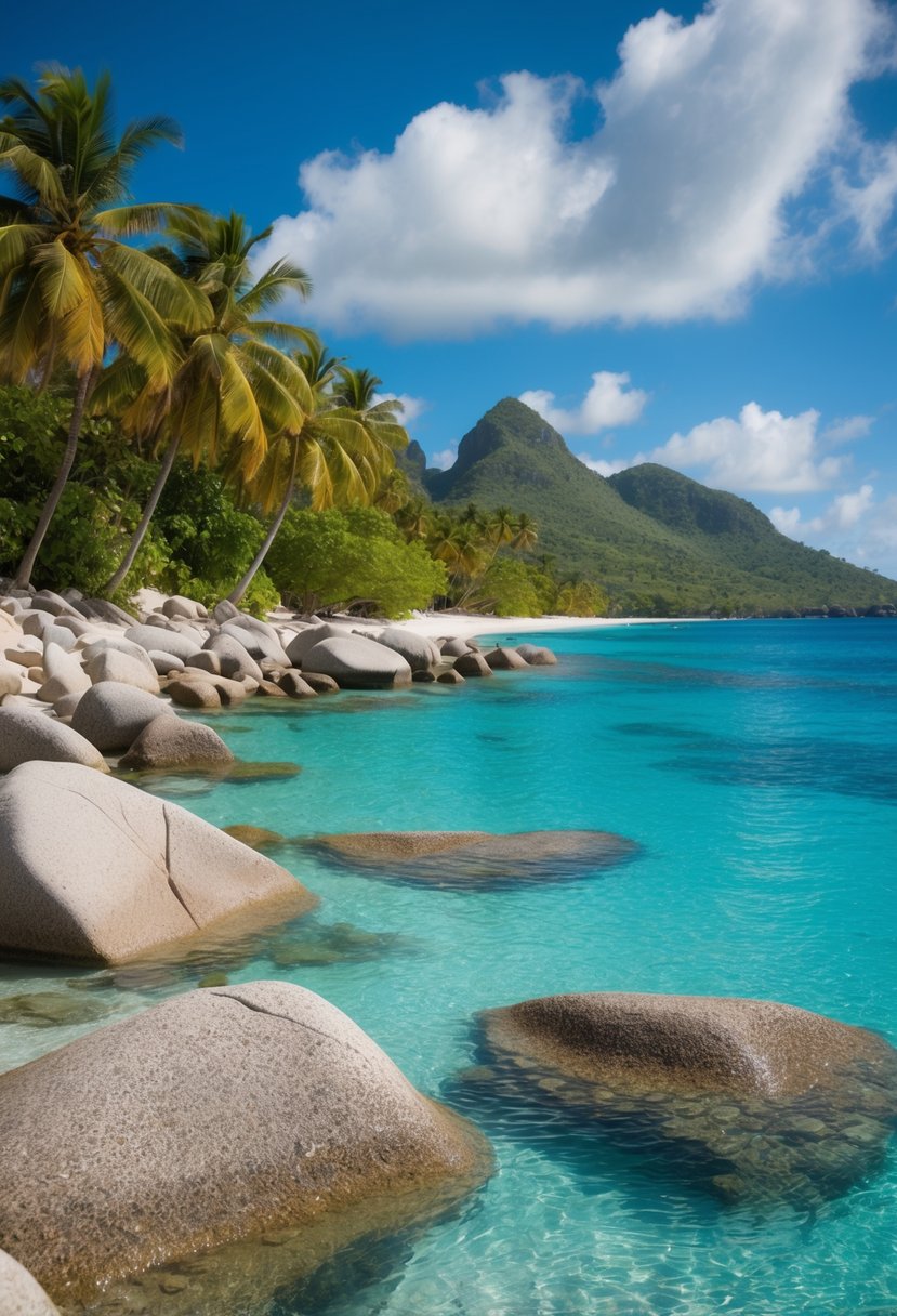 Crystal clear waters lap against smooth granite boulders on the idyllic Anse Source d'Argent beach in the Seychelles, surrounded by lush green palm trees