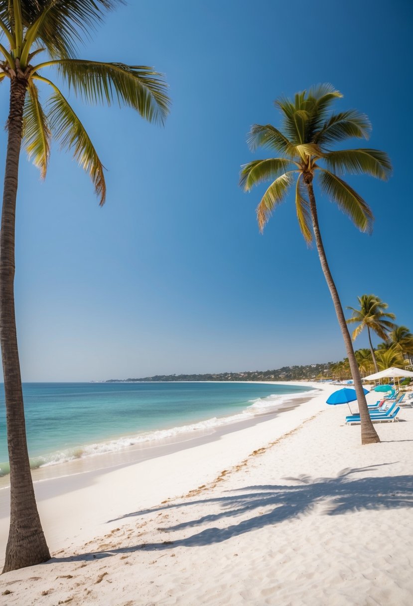 A sunny beach with calm waves, palm trees, and clear blue skies. White sand stretches along the shore, with a few beach umbrellas scattered around