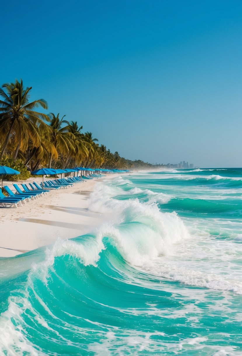 Turquoise waves crash onto pristine white sand beaches lined with palm trees under a clear blue sky. Beach chairs and umbrellas dot the shore, inviting relaxation and enjoyment