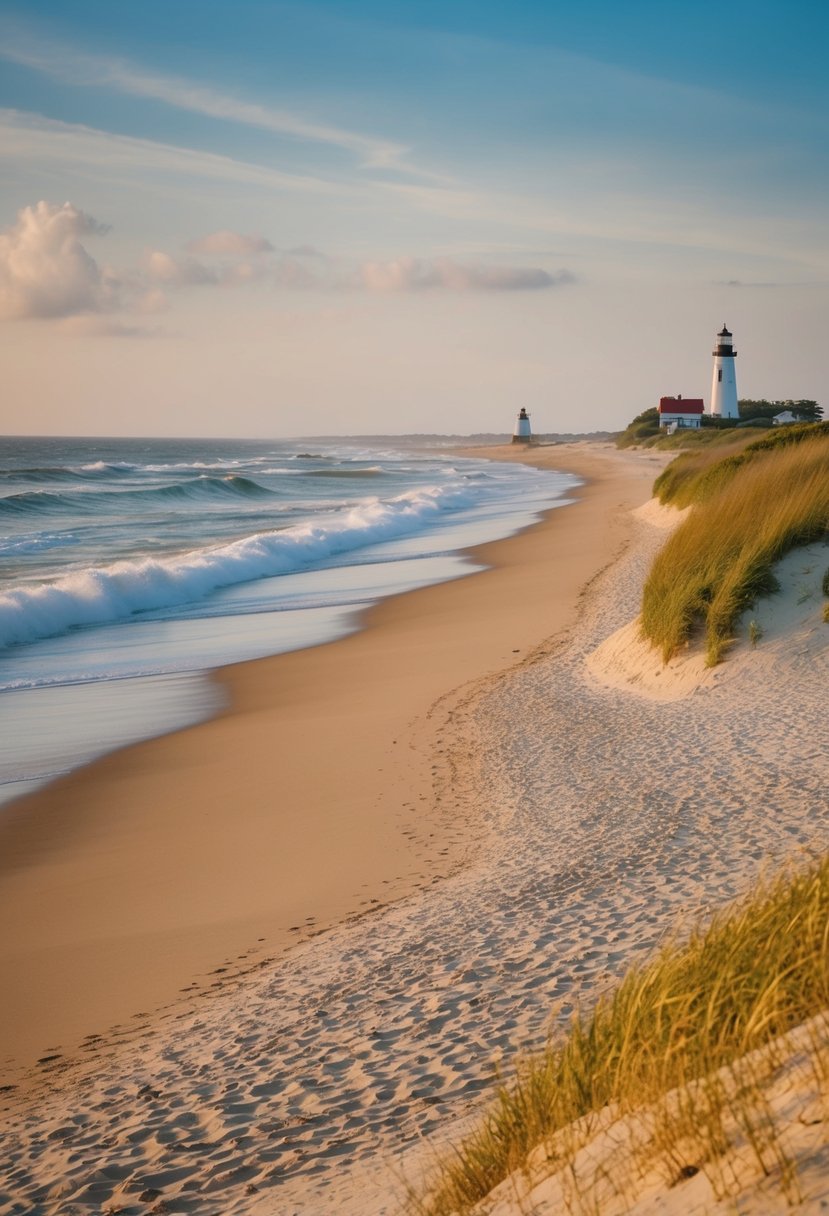 Siasconset Beach: golden sand, rolling waves, dunes, and a picturesque lighthouse in the distance
