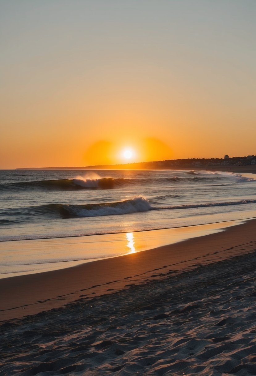 The sun sets over Narragansett Town Beach, with golden sand and rolling waves, making it one of the best beaches in Rhode Island