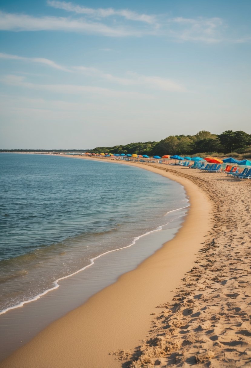 Golden sand stretches along the shore, meeting the calm, azure waters of East Matunuck State Beach. A row of colorful umbrellas and beach chairs dot the coastline, inviting visitors to relax and enjoy the sun