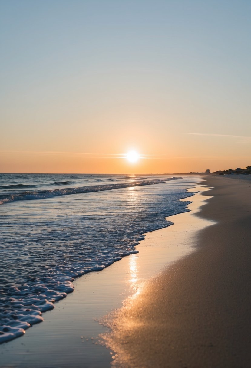 The sun sets over the calm, sandy shores of Myrtle Beach, South Carolina, with gentle waves lapping at the coastline