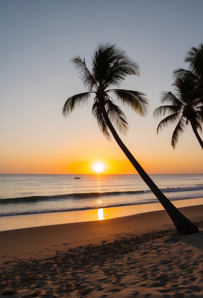 The sun sets over the golden sands of Malibu Beach, with gentle waves lapping at the shore and palm trees swaying in the breeze