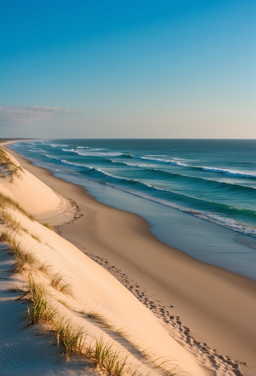 Golden sand dunes meet turquoise waves under a clear blue sky at the Outer Banks, North Carolina, one of the 5 best beaches in the United States