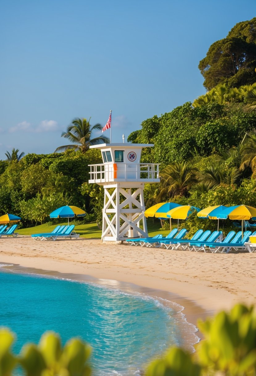 A serene beach scene with clear blue waters, golden sands, and lifeguard towers, surrounded by lush greenery and vibrant beach umbrellas