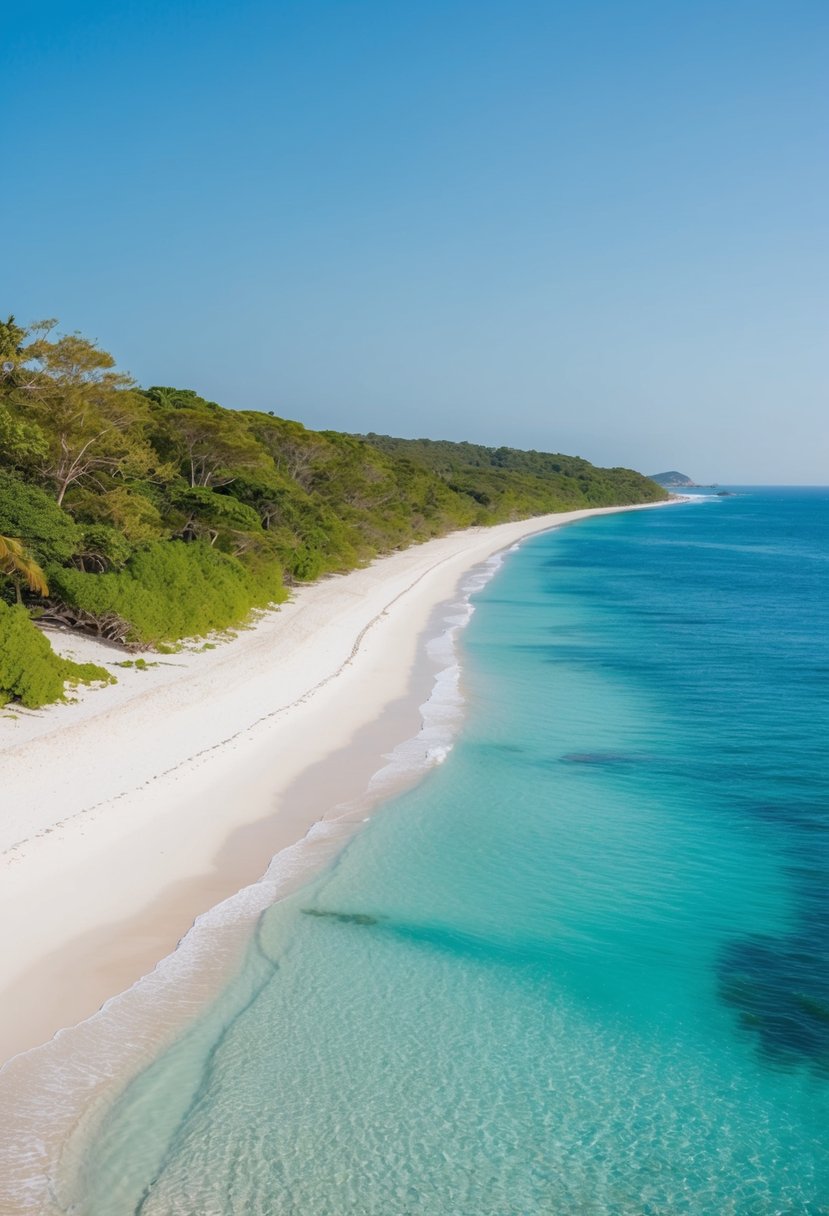 A serene beach with crystal blue waters, white sandy shores, and lush greenery along the coastline. The clear sky and gentle waves create a peaceful and picturesque environment for environmental conservation