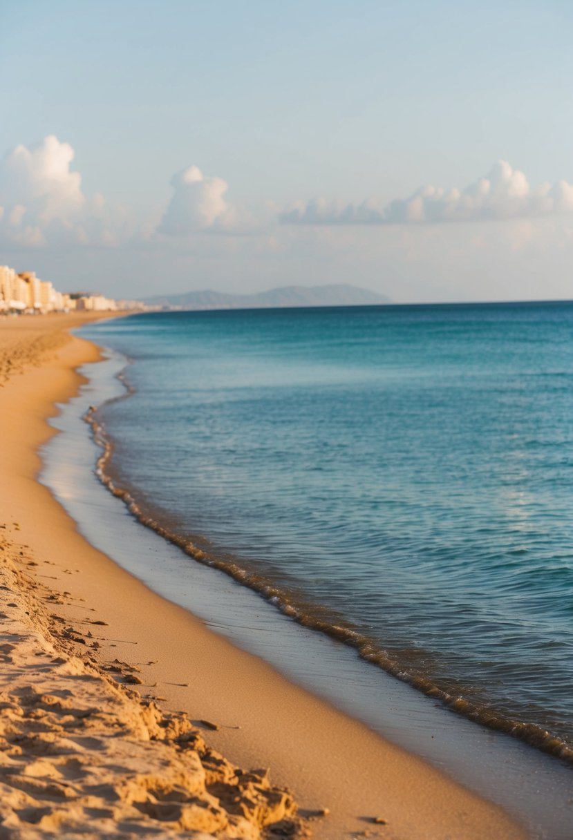 A serene stretch of golden sand meeting the calm, turquoise waters of the Mediterranean at Playa de la Patacona, Valencia's best beaches