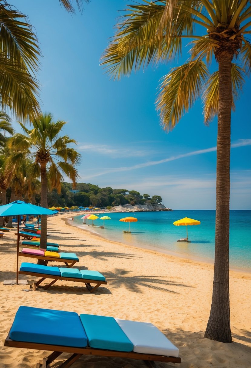 Golden sand, clear blue waters, colorful beach umbrellas, and palm trees lining the shore at Playa del Cabanyal in Valencia