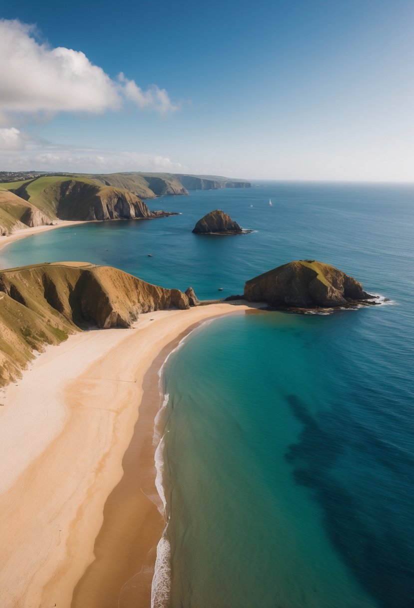 Aerial view of 5 picturesque beaches in Wales with golden sand, clear blue waters, and rugged cliffs