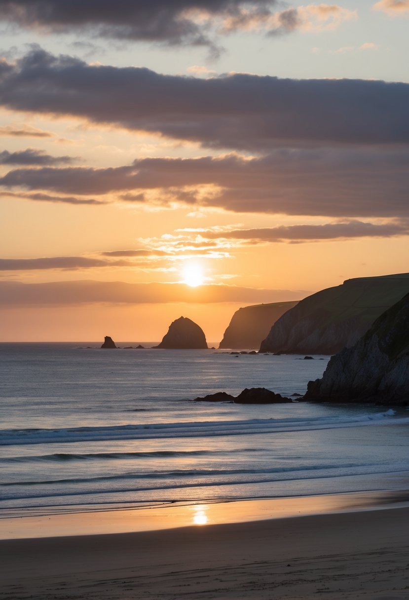 The sun sets over Rhossili Bay, with its golden sands and rugged cliffs, making it one of the 5 best beaches in Wales