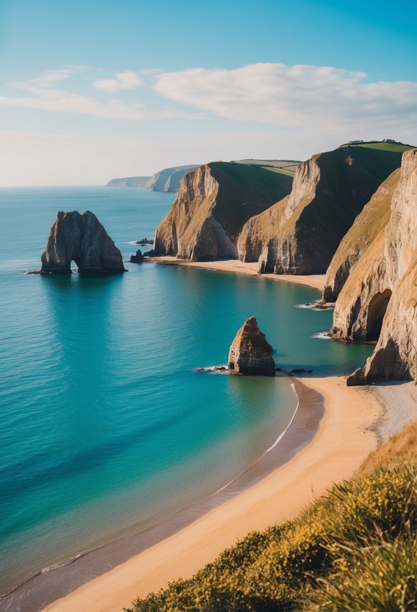 A picturesque bay with three towering cliffs, golden sands, and clear blue waters, nestled along the coastline of Swansea, Wales