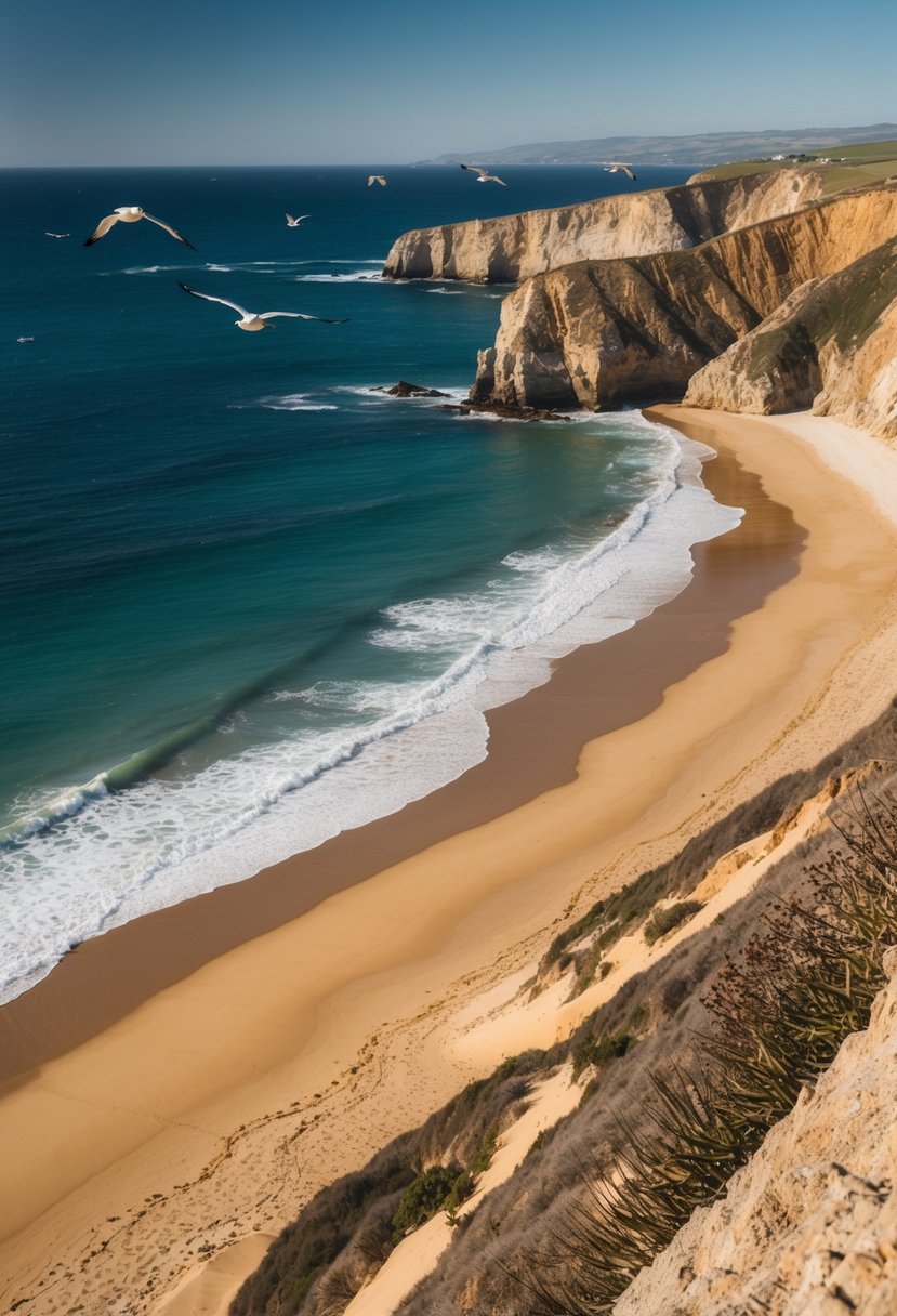 Golden sands stretch along the coastline, framed by rugged cliffs and clear blue waters. Seagulls soar overhead as waves crash onto the shore