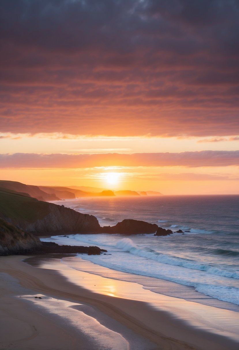 The sun sets over a pristine beach in Wales, with golden sands stretching along the rugged coastline and crashing waves creating a picturesque scene for visitors to enjoy