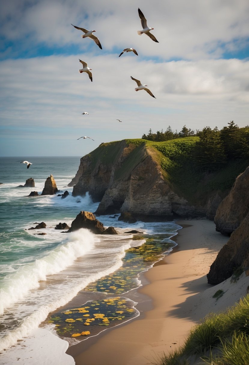 Rocky cliffs overlook a sandy shore. Seabirds circle above crashing waves. Tide pools teem with colorful marine life. Lush greenery lines the dunes