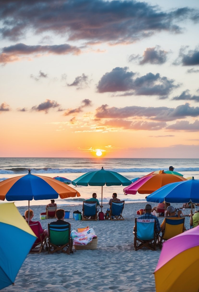 Sunset over Coney Island beach, with colorful umbrellas and people enjoying the sand and waves