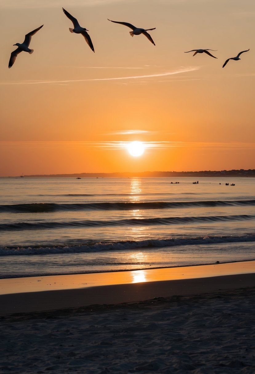 The sun sets over Rockaway Beach, casting a warm glow on the sandy shore and the gentle waves lapping at the coastline. Seagulls soar overhead, and a few beachgoers relax in the distance